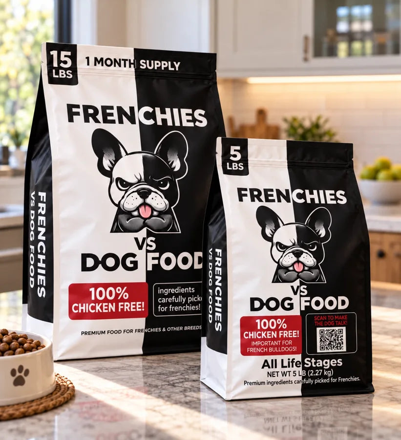 Frenchies vs Dog Food bags in 15 lb and 5 lb sizes