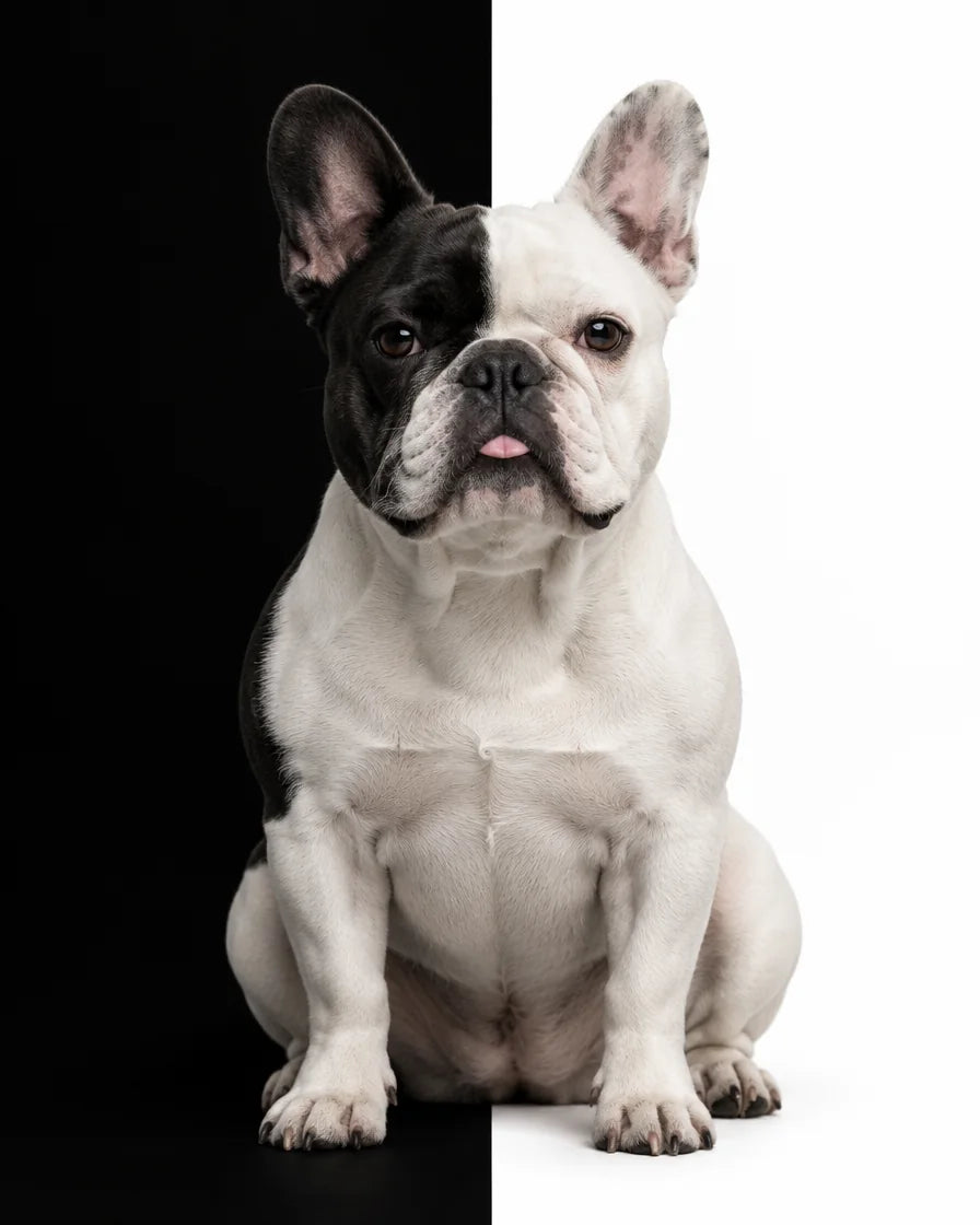 A black and white French Bulldog sitting on the line between black and white